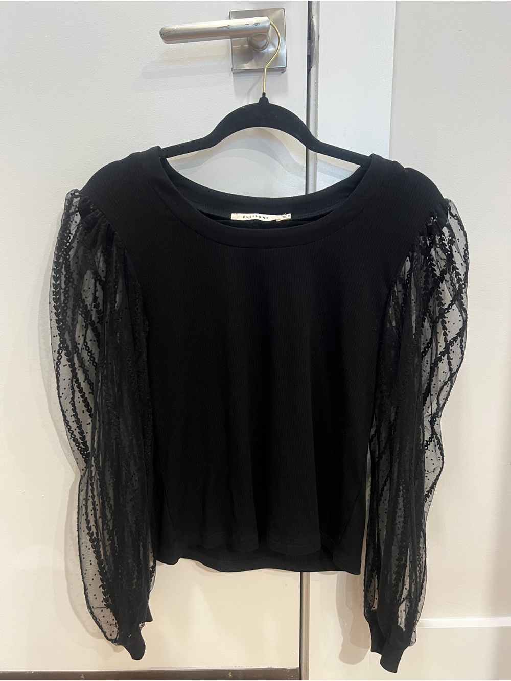 Ellison Black Puff-Sleeve Mesh Sweater Top